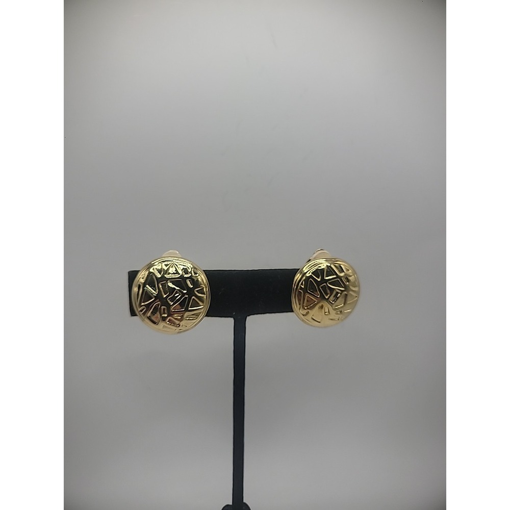 Vintage Earrings Clip On Gold Tone Button Geometric Jewelry Costume